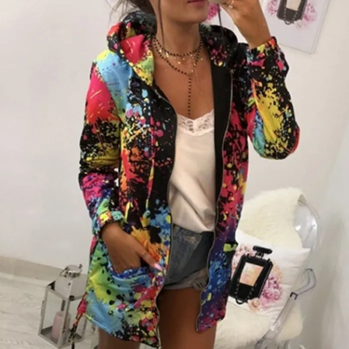 Jacke mit Kapuze - Bomber - Windjacke - mit Taschen / Reißverschluss - bunter Aufdruck