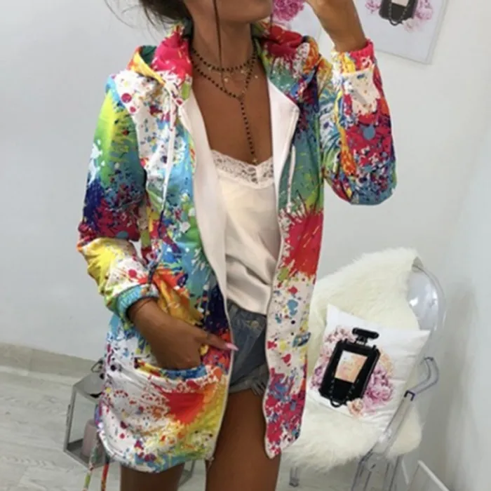 Jacket with hood - bomber - windbreaker - with pockets / zipper - colourful print