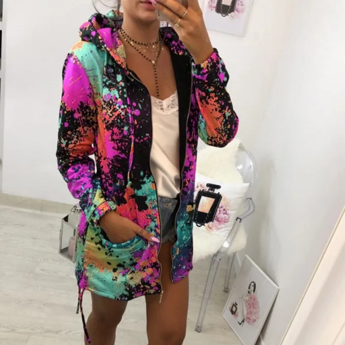 Jacke mit Kapuze - Bomber - Windjacke - mit Taschen / Reißverschluss - bunter Aufdruck