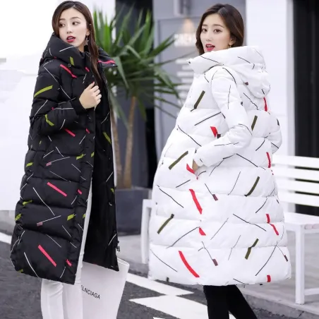 Warme / lange Daunenwinterjacke mit Kapuze und Reißverschluss