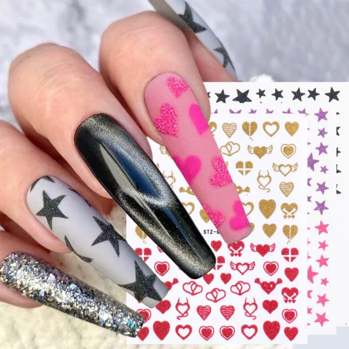 Nail art stickers - water transfer - glitter - stars - hearts