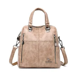 Leather shoulder bag - with multi zippers / hand strap
