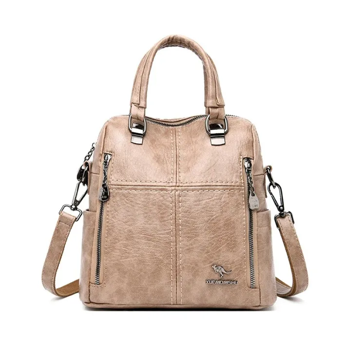 Leather shoulder bag - with multi zippers / hand strap