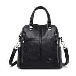 Leather shoulder bag - with multi zippers / hand strap