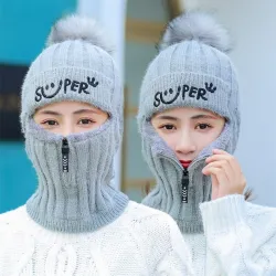 Winter knitted hat with zipper - face warmer - balaclava - pompoms cap