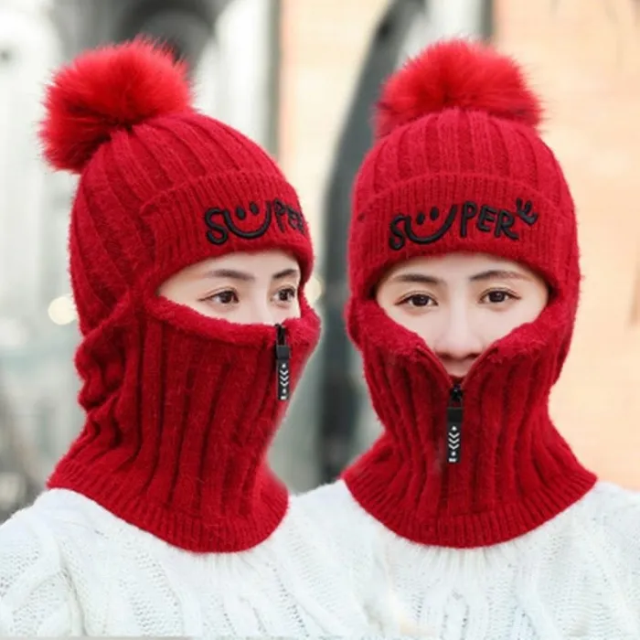 Wintermütze mit Pompon - Sturmhaube mit Reißverschluss