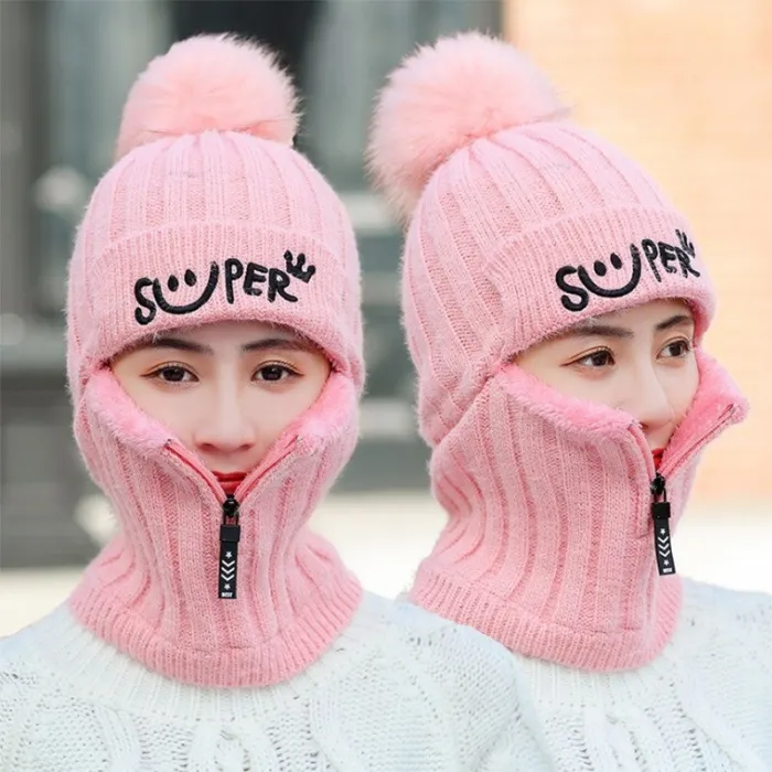 Winter knitted hat with zipper - face warmer - balaclava - pompoms cap