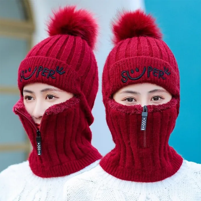 Wintermütze mit Pompon - Sturmhaube mit Reißverschluss