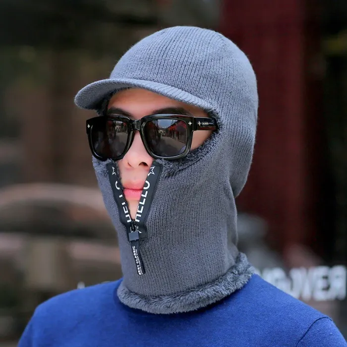 Winter knitted hat with a visor - face protection - balaclava with a zipper