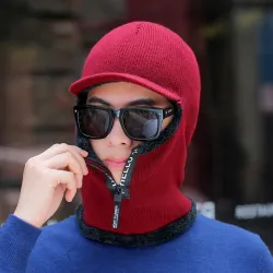 Winter knitted hat with a visor - face protection - balaclava with a zipper