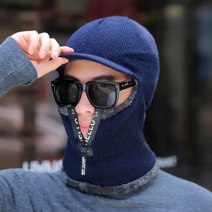 Winter knitted hat with a visor - face protection - balaclava with a zipper