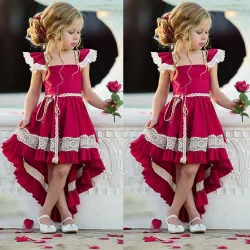 Elegant red dress for girls - with lace ruffles - irregular length
