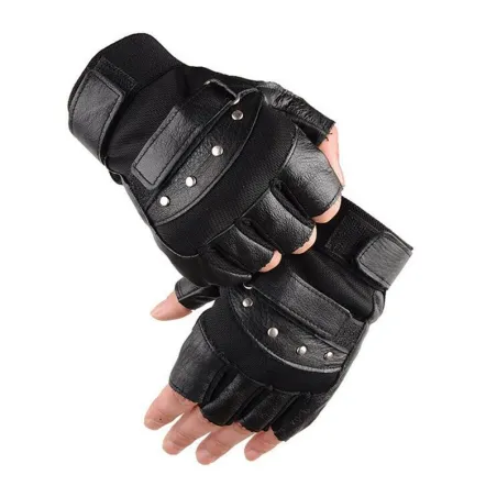 Guanti militari in pelle - con rivetti - design a mezzo dito - per palestra / fitness