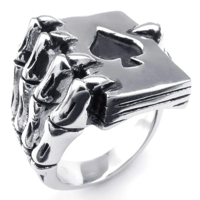 Vintage Ring - Edelstahl - Schädelklaue mit Kartenspiel