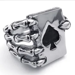 Anello vintage - acciaio inossidabile - artiglio del teschio con mazzo di carte