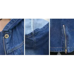 Trendy denim long jacket - with hood - zipper - pockets