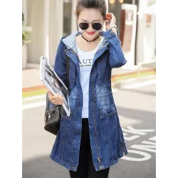 Trendy denim long jacket - with hood - zipper - pockets