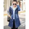 Trendy denim long jacket - with hood - zipper - pockets