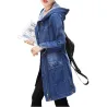 Trendy denim long jacket - with hood - zipper - pockets