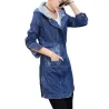 Trendy denim long jacket - with hood - zipper - pockets