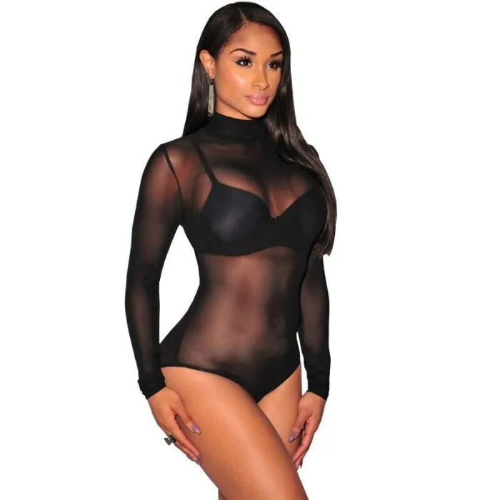 Transparent mesh bodysuit - with half turtleneck - long sleeve