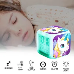 Würfelförmige Uhr mit Einhorn - Digital - LED - Farbwechsel