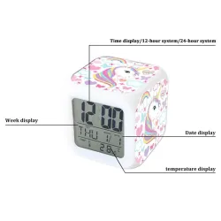 Würfelförmige Uhr mit Einhorn - Digital - LED - Farbwechsel