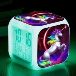 Würfelförmige Uhr mit Einhorn - Digital - LED - Farbwechsel