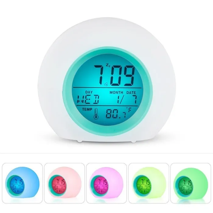 Round LED alarm clock - colorful glowing backlight - thermometer - calendar - date
