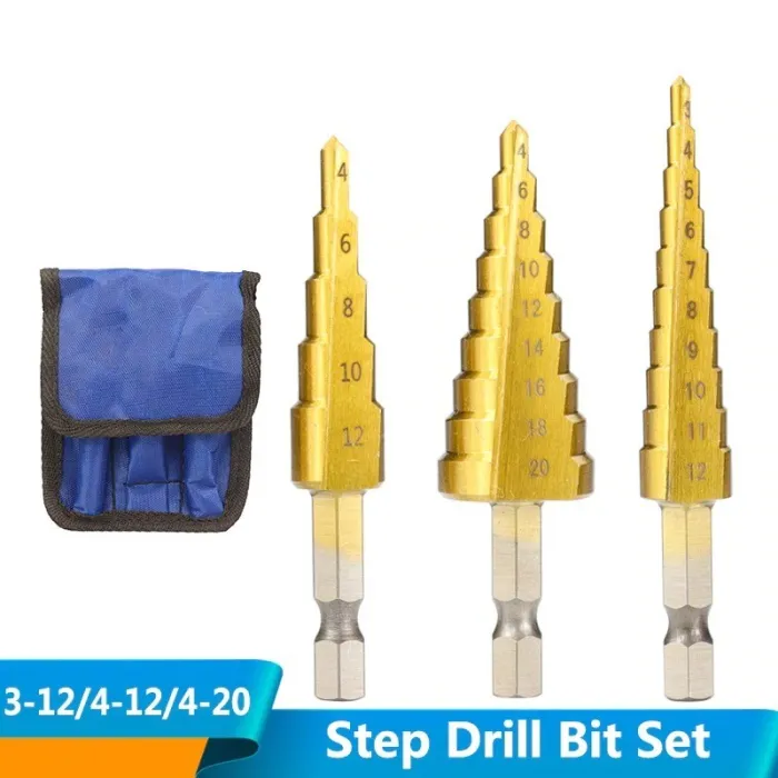 Zestaw wierteł stopniowych HSS - do drewna / metalu - 3-12mm / 4-12mm / 4-20mm 3 sztukiBity i wiertła