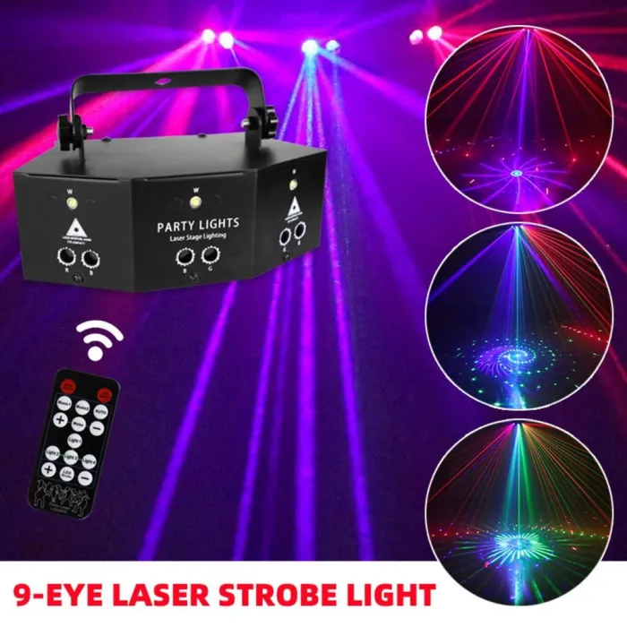 Lampe disco 9 faisceaux - RGB - DMX - LED - projecteur de lumière - laser - télécommande - pour disco / bars