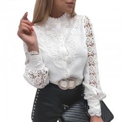 White floral blouse - with v neck / turndown / stand collar