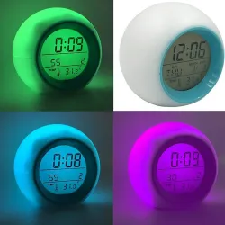 Round LED alarm clock - colorful glowing backlight - thermometer - calendar - date