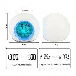 Round LED alarm clock - colorful glowing backlight - thermometer - calendar - date