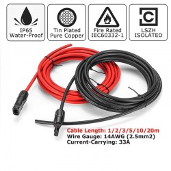 Zonnepaneel kabel - 2.5mm 14 AWG - met connector - zwart / rood - 1M / 2M / 3M / 5M / 10MSolar