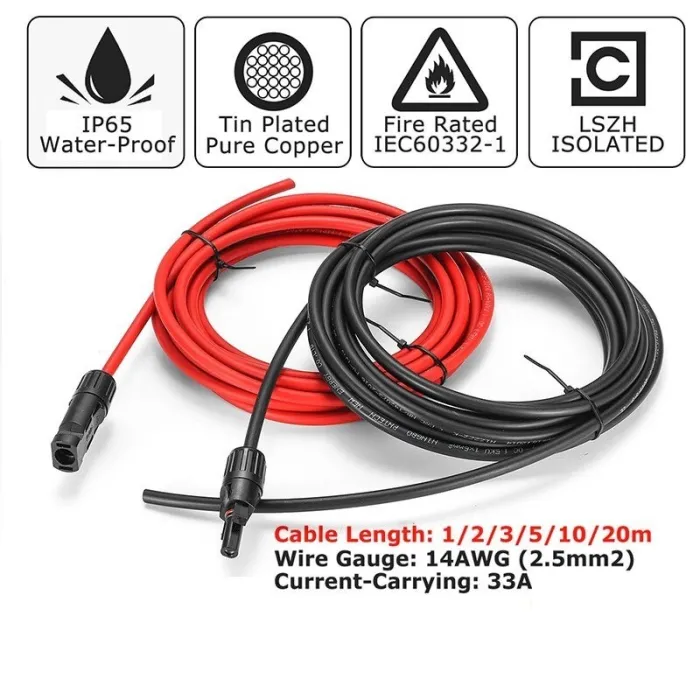 Solarmodulkabel - 2,5 mm, 14 AWG - mit Stecker - schwarz / rot - 1M / 2M / 3M / 5M / 10M