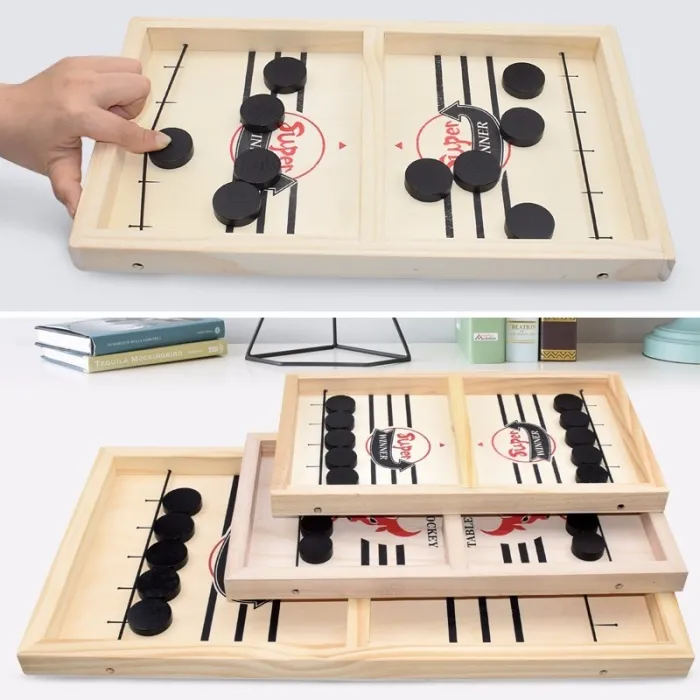 Table hockey game - with 10 pucks - wooden toy