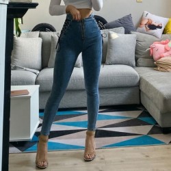Sexy Slim Jeans - hohe Taille - mit Reißverschluss / seitlichen Bindebändern