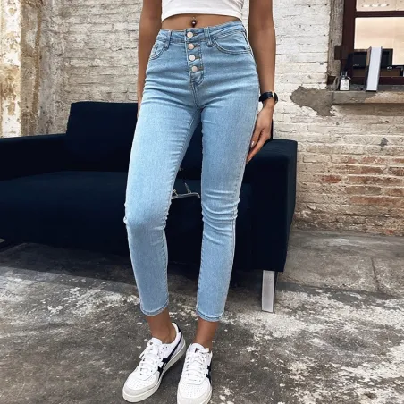 High waisted skinny jeans - with front buttons - elastic
