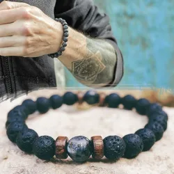 Tibetisches Buddha-Armband - Mondstein / Lavaperlen - Unisex