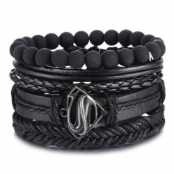 Vintage black bead bracelets for men - hollow triangle - leather - multilayer wide wrap