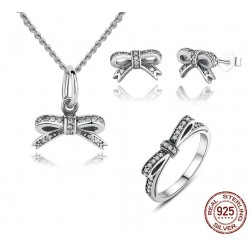Kryształowa kokardka - komplet biżuterii - naszyjnik / kolczyki / pierścionek - srebro próby 925Naszyjniki