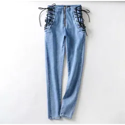 Sexy Slim Jeans - hohe Taille - mit Reißverschluss / seitlichen Bindebändern