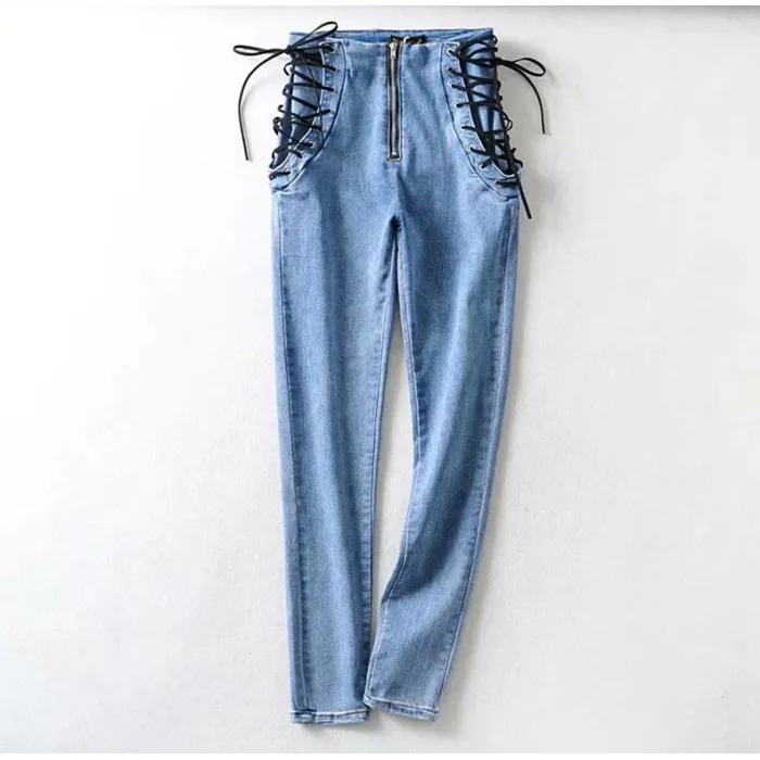 Sexy Slim Jeans - hohe Taille - mit Reißverschluss / seitlichen Bindebändern