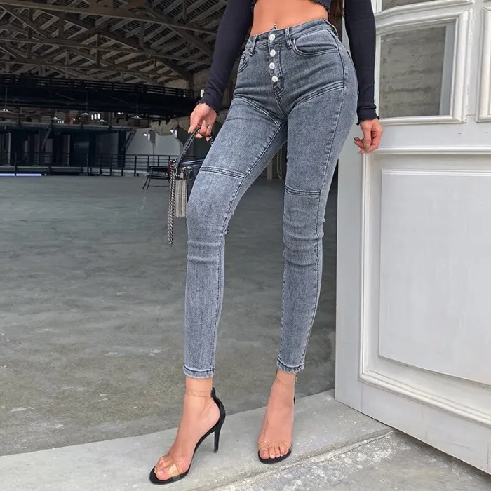 Sexy Skinny Jeans - hohe Taille - mit Taschen / von Knöpfen - elastisch