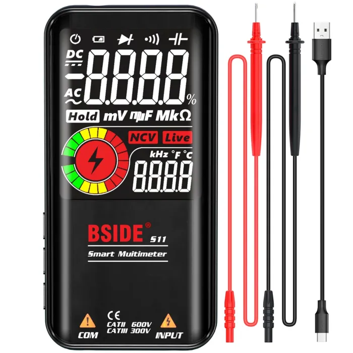 Digital multimeter - 9999 counts - DC / AC / Ohm / NCV / Hz / live wire tester - LCD color display