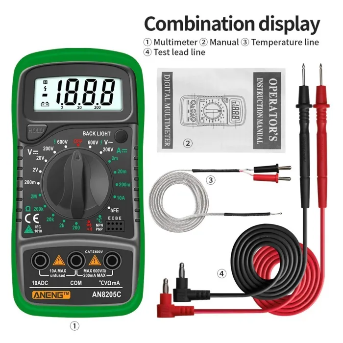 AN8205C - digitale multimeter - AC / DC / Ampèremeter / Volt / Ohm tester - met LCD-achtergrondverlichtingMultimeters
