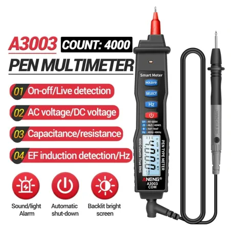 A3003 - multimetr cyfrowy - miernik typu pen - 4000 zliczeń - bezdotykowy tester rezystancji AC / DC / Hz - LCDMultimetry