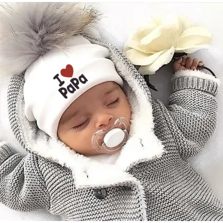I Love Mama & Papa - warm cotton hat with pom pom - for newborns / kids