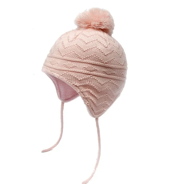 Strickmütze - mit Ohrenschutz / Bommel - für Mädchen / Jungen